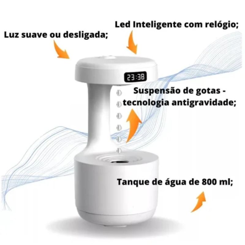 Umidificador Gotas De Água Gravidade Com Relógio Digital Led